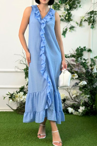 Long blue linen and cotton sundress with ruffles Голубой