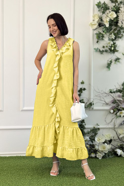 Abito lungo giallo in lino e cotone con balze . Giallo.