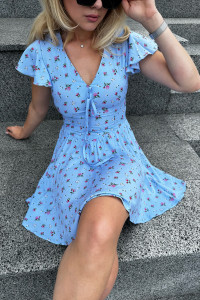 Short blue viscose dress with a Blue skirt Голубой