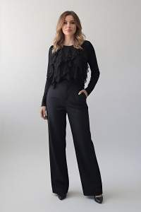 Black cotton long-sleeve top with vertical ruffles for the office Черный
