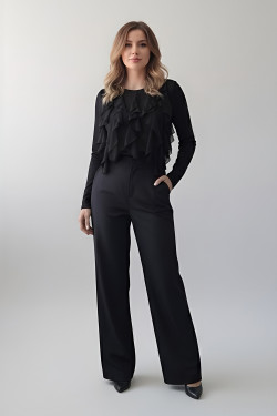 Black cotton long-sleeve top with vertical ruffles for the office