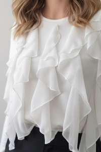 Lactic cotton long-sleeved top with vertical ruffles Молочный