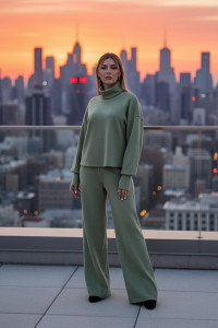 Warm olive-colored knitted angora suit for a walk . Olive Оливковый