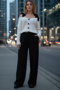 Black wide-leg angora trousers for everyday wear Черный