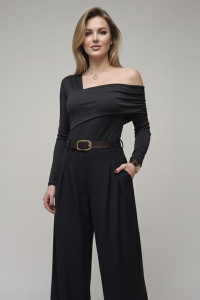 Black long-sleeve top with an asymmetrical neckline and draping. Черный