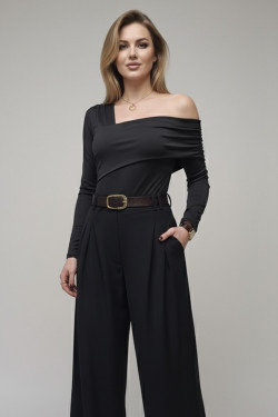Black long-sleeve top with an asymmetrical neckline and draping.