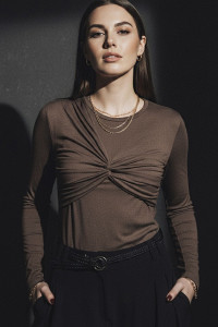 Chocolate knitted long-sleeve top with asymmetrical draping Шоколад