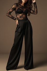 Black palazzo trousers, loose fit, elasticated waist, made of double Armani fabric. Black. Черный