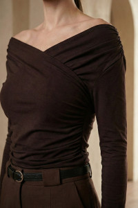 Fitted Chocolate Brown Viscose Wrap Long-Sleeve Top Шоколад