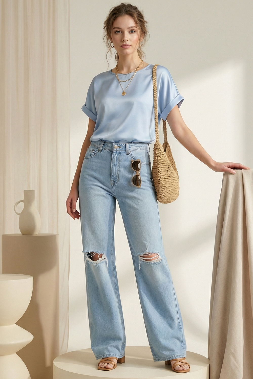 Light Blue Loose-Fit Silk Blouse with Short Sleeves