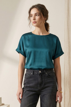 Emerald loose-fit silk blouse with short sleeves