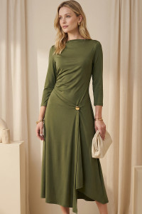 Olive Midi Dress with Asymmetrical Draping Оливковый