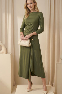 Olive Midi Dress with Asymmetrical Draping Оливковый