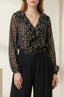 Stijlvolle Damesblouse met Ruches voor Kantoor, Zwart