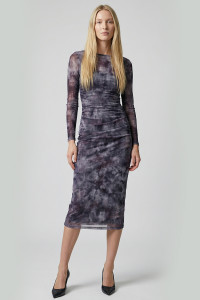 Rochie midi gri din plasă imprimată, cu mânecă lungă . Gri. Серый