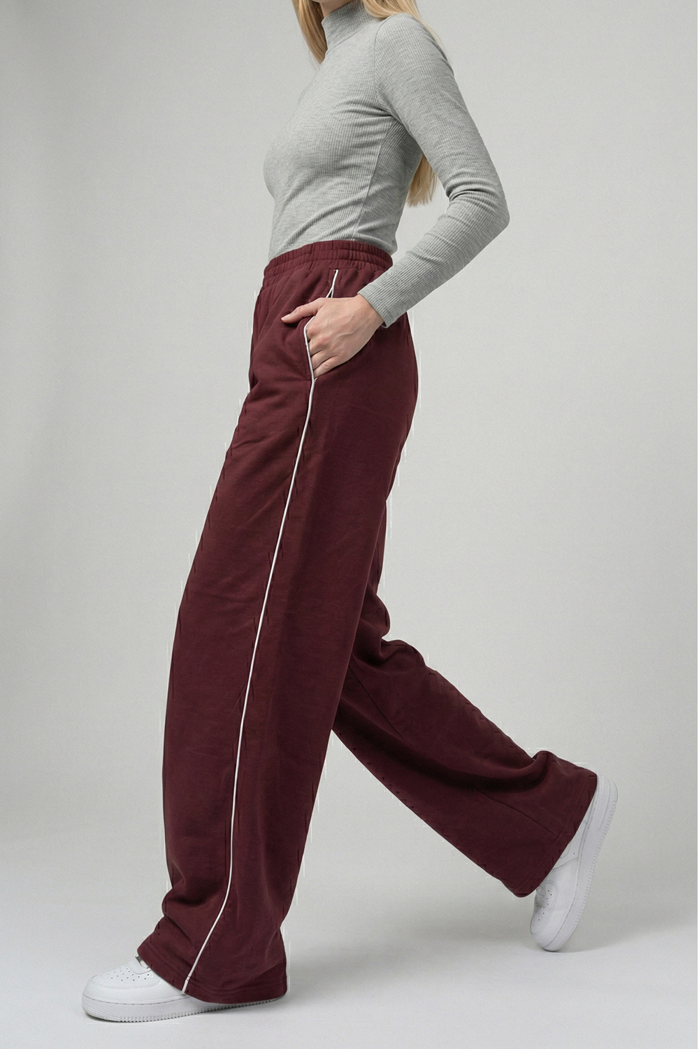 Women's Loose Fit Office Trousers with Side Stripes in Burgundy