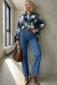 Camisa de franela azul a cuadros para mujer, para la oficina. Azul. Голубой