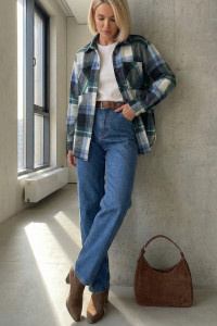 Camisa de franela azul a cuadros para mujer, para la oficina. Azul. Голубой