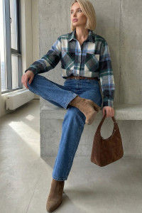 Camisa de franela azul a cuadros para mujer, para la oficina. Azul. Голубой