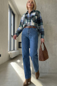 Camisa de franela azul a cuadros para mujer, para la oficina. Azul. Голубой