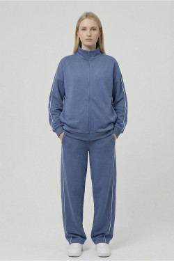 Chándal de mujer de felpa de tres hilos color índigo con bandas laterales