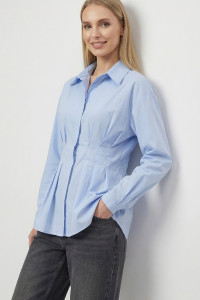 Light Blue Semi-Fitted Cotton Blouse with a Turn-Down Collar Голубой