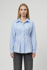 Light Blue Semi-Fitted Cotton Blouse with a Turn-Down Collar Голубой