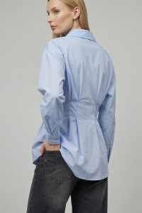Light Blue Semi-Fitted Cotton Blouse with a Turn-Down Collar Голубой