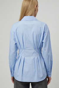 Light Blue Semi-Fitted Cotton Blouse with a Turn-Down Collar Голубой
