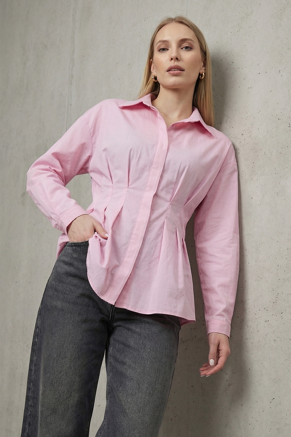 Pink semi-fitted long-sleeve office blouse