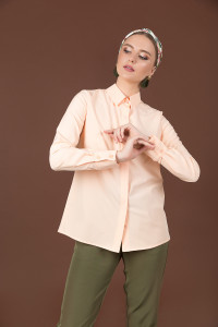 Peach soft-fabric long-sleeved blouse for the office . Peach. Персиковый
