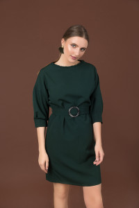 Women's straight-cut midi office dress in conifer green with a belt . Coniferous. Хвойный