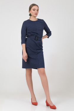 Blauwe zakelijke jurk met rechte pasvorm, 3/4 mouwen en Blauw .