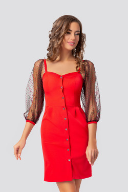 Vestido rojo entallado de Noche con mangas de lunares . Rojo .