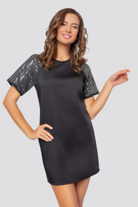 Вечірній міні-плаття з атласу з блискучим рукавом, чорне з Чорний срібло. Черный-серебро