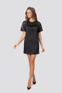 Black shiny Evening mini dress with brilliant raglan sleeves блестящий