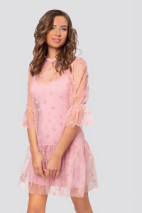 Вечірній мінісукня з сітки-зірочки пудрового кольору з воланами. Пудра