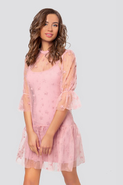 Rochie mini de Seară din plasă cu steluțe, culoarea pudrei, cu volane.