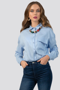 Blue basic long-sleeved office blouse made of Blue fabric Голубой
