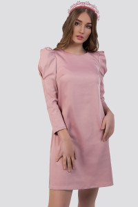 Powder short satin dress with voluminous sleeves and a belt Пудра