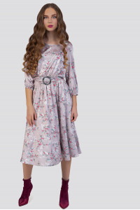 Pink and silver floral print silk midi dress серебро