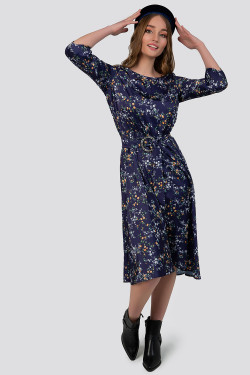 Romantisches, dunkelblaues Seidenkleid im Midi-Stil mit Print . Dunkelblau.