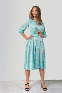 Turquoise silk midi dress with floral print and Turquoise Бирюзовый