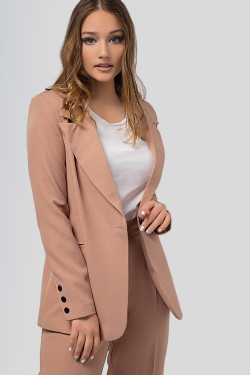 Beige damesjas met rechte snit en revers.