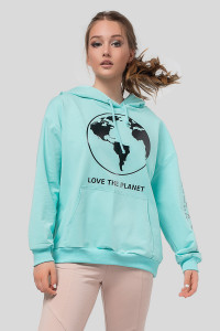 Turquoise oversized hooded sweatshirt with a print, made of two-thread fleece. Бирюзовый
