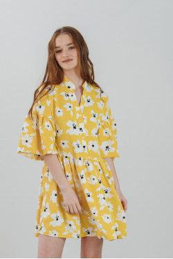 Коротка жовта сукня з креп-шовку з об'ємними рукавами . Жовтий