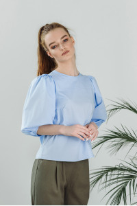 Grey Gray-blue cotton blouse with voluminous sleeves Серо-голубой