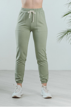 Olive high-waisted sports trousers made of double-knit fabric.