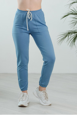 Pantalón de mujer de punto doble, color gris azulado, con bolsillos . Gris azulado.