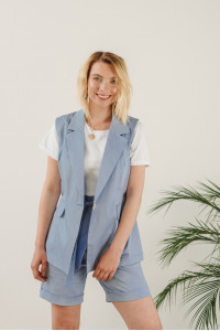 Gilet Blu in cotone con revers e taglio dritto. Голубой